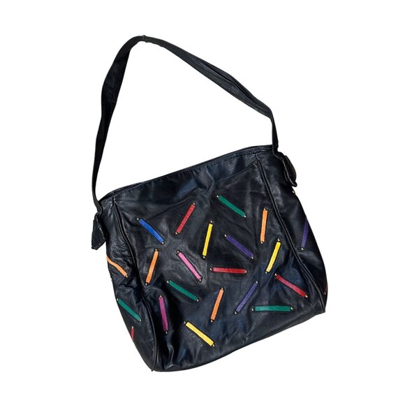 Judi Simon Handbags - Vintage 1980s Judi Simon USA Black Leather Purse Rainbow Accents Shoulder Strap
